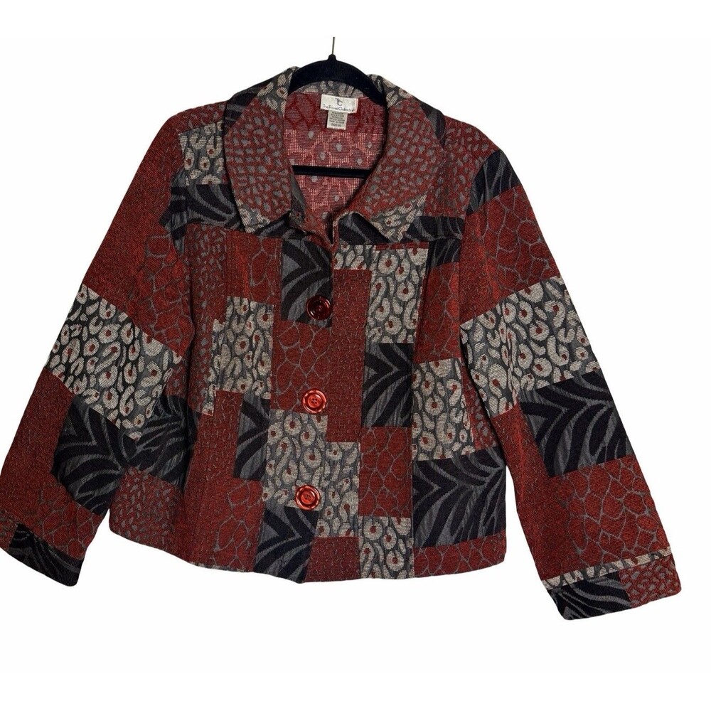 The Travel Collection Tapestry Brocade Button Up Jacket Womens XL Red Patchwork